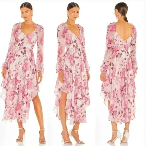 NWT SAU LEE Georgia Pink White Floral Chiffon Ruffle Midi Dress Gown Size 8 - Picture 2 of 10